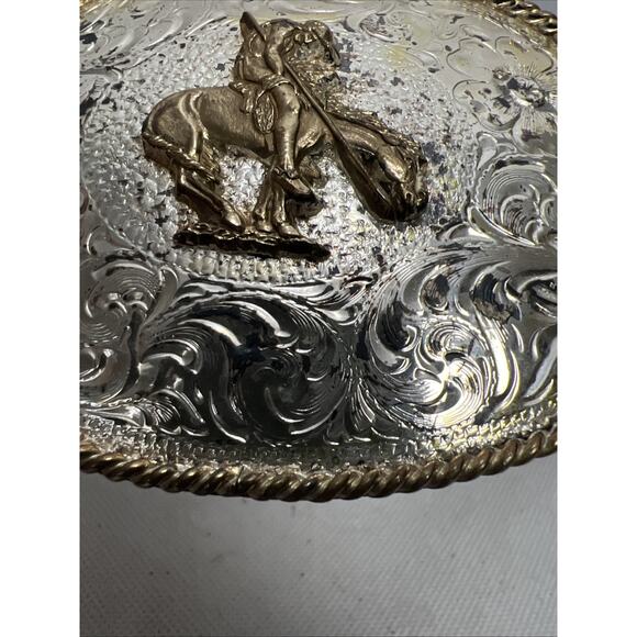 Silver Plated “END OF THE TRAIL” Indian Art Southwestern Belt Buckle Tooled Belt - Picture 4 of 11